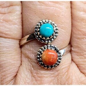 Southwest Sterling Silver Adjustable Bypass Ring Orange Spiny Oyster Turquoise